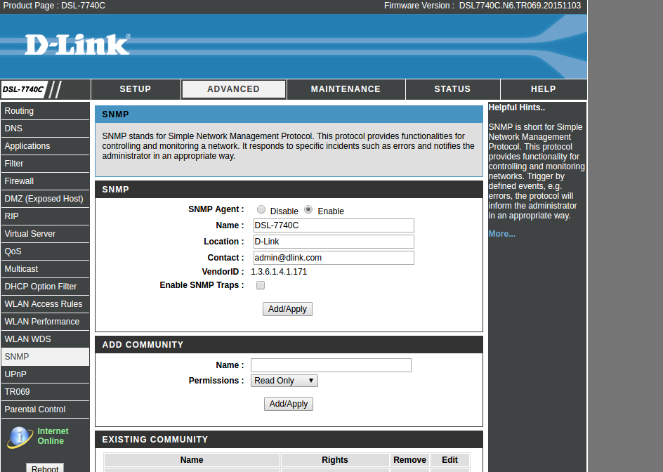 DSL-7740C SNMP setting page