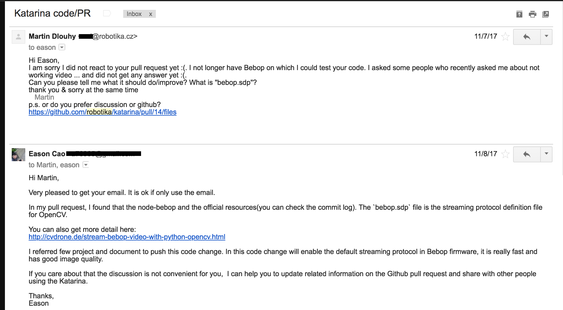Email from Robotika about Katarina project