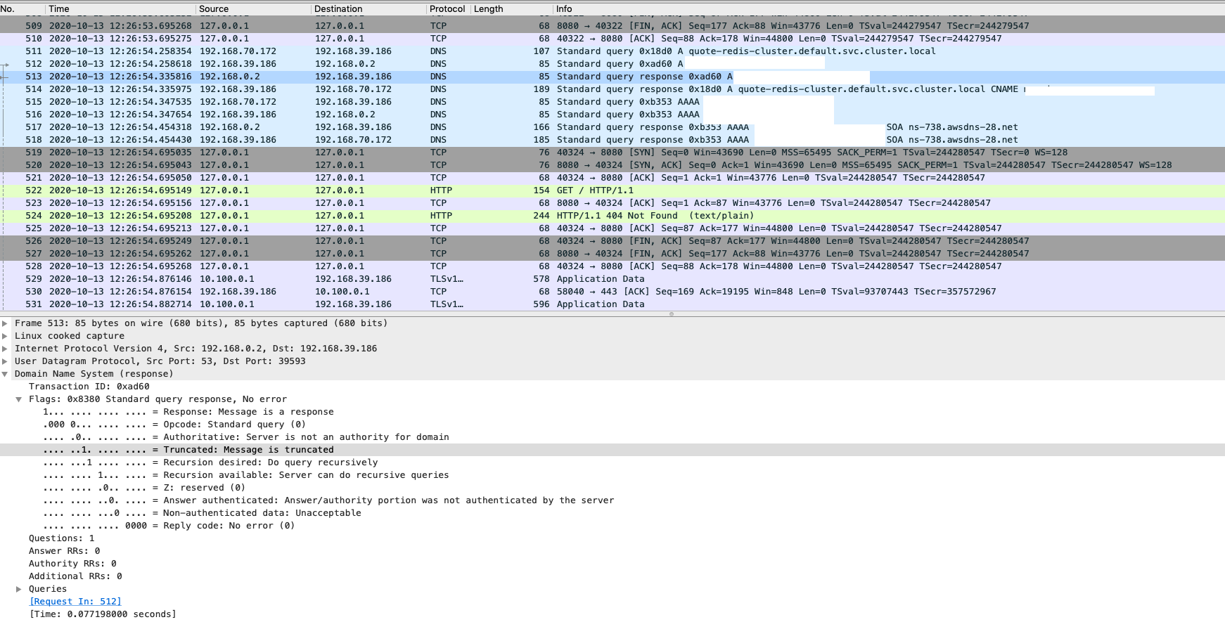 The message is truncated in the DNS query response