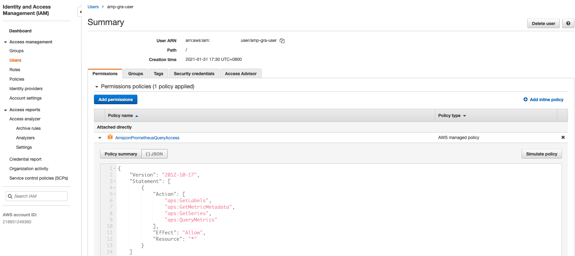 Create an IAM User for Grafana dashboard