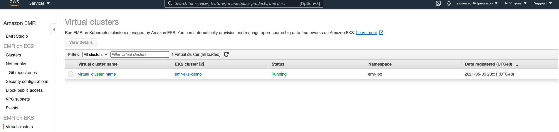 在 EMR Console 中檢視 Virtual Cluster