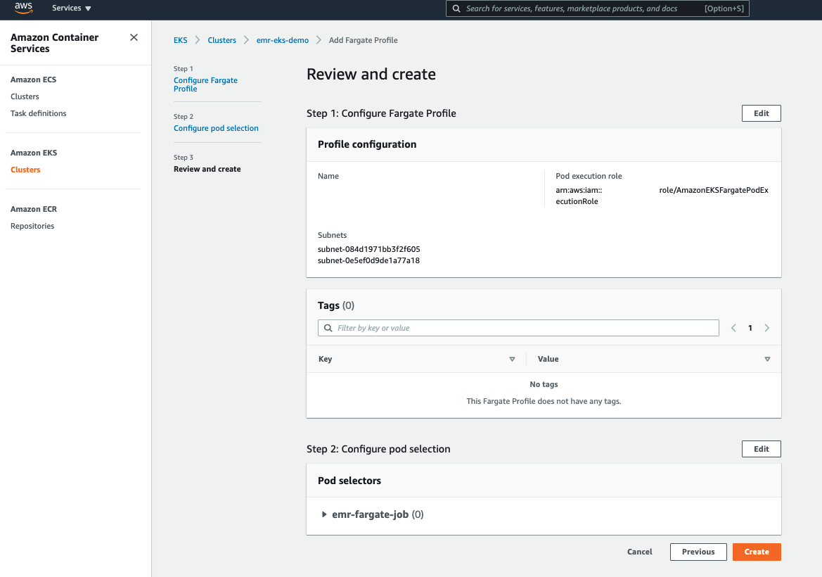 Step 3 - 檢視設定並建立 Fargate Profile